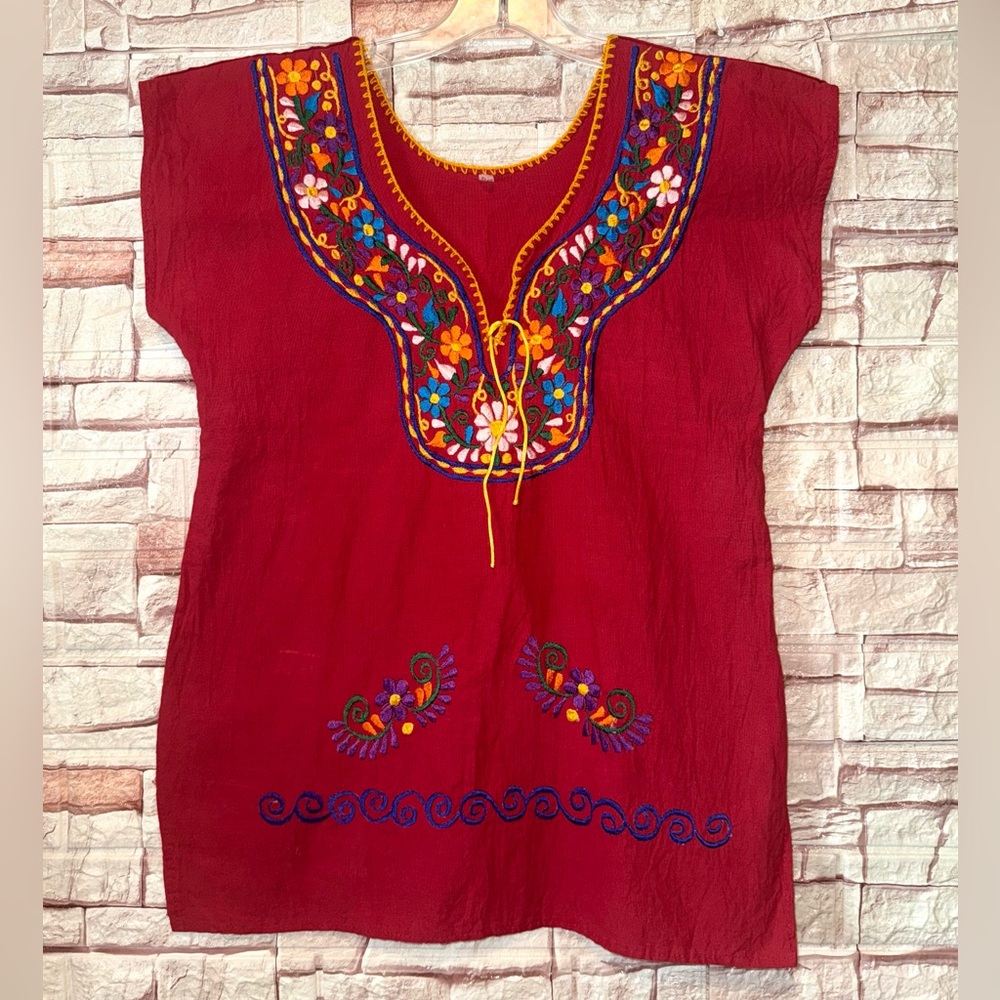 Mexican Huipil Women’s Top Size Small Red Blue Floral Embroidered Boho Festival